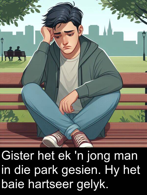 hartseer: Gister het ek 'n jong man in die park gesien. Hy het baie hartseer gelyk.