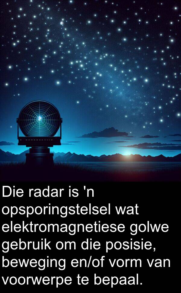 posisie: Die radar is 'n opsporingstelsel wat elektromagnetiese golwe gebruik om die posisie, beweging en/of vorm van voorwerpe te bepaal.