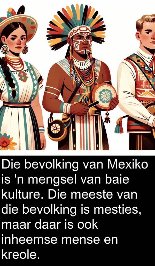 mengsel: Die bevolking van Mexiko is 'n mengsel van baie kulture. Die meeste van die bevolking is mesties, maar daar is ook inheemse mense en kreole.