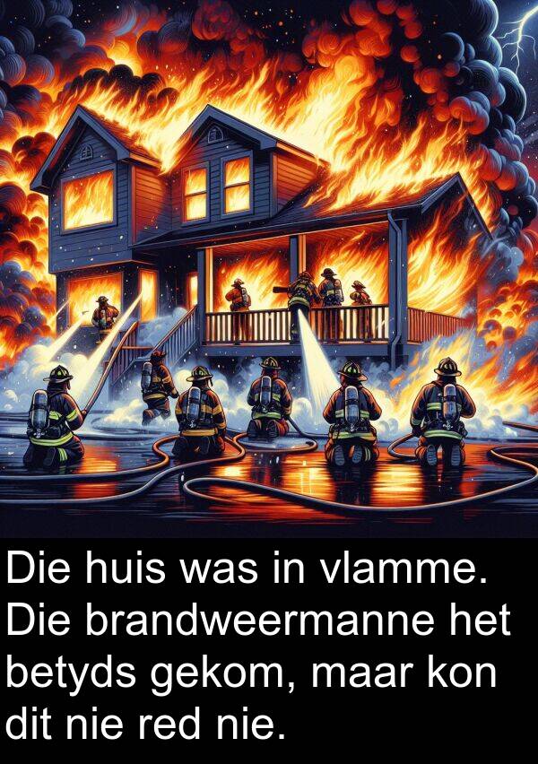 betyds: Die huis was in vlamme. Die brandweermanne het betyds gekom, maar kon dit nie red nie.