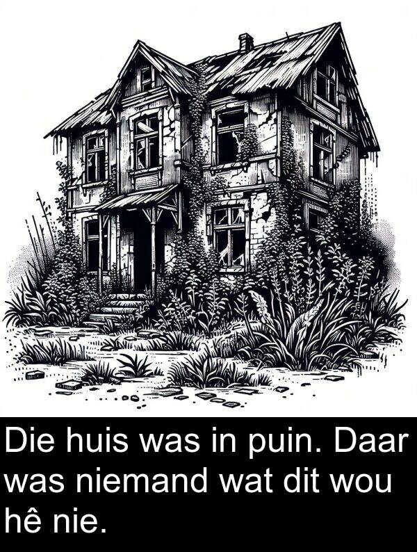 huis: Die huis was in puin. Daar was niemand wat dit wou hê nie.