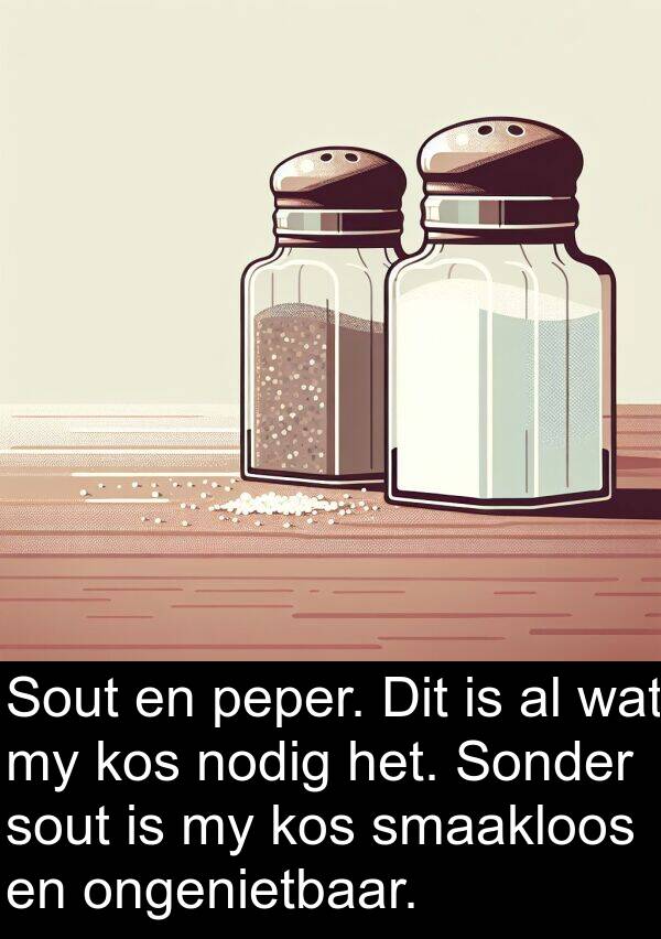 peper: Sout en peper. Dit is al wat my kos nodig het. Sonder sout is my kos smaakloos en ongenietbaar.