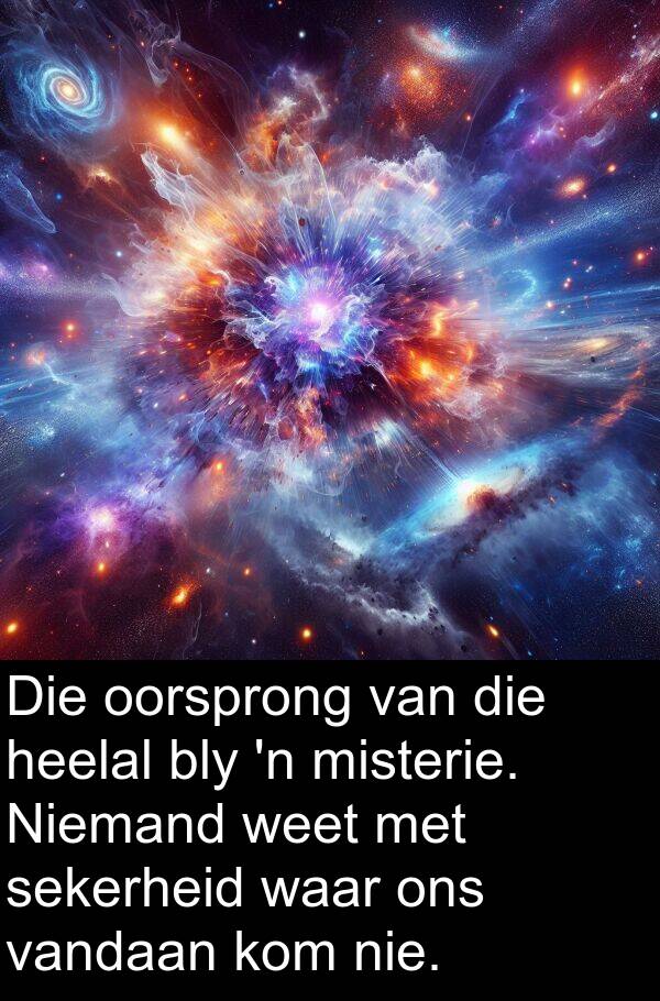 heelal: Die oorsprong van die heelal bly 'n misterie. Niemand weet met sekerheid waar ons vandaan kom nie.