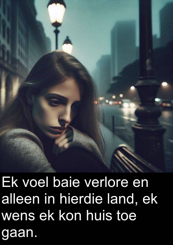 land: Ek voel baie verlore en alleen in hierdie land, ek wens ek kon huis toe gaan.