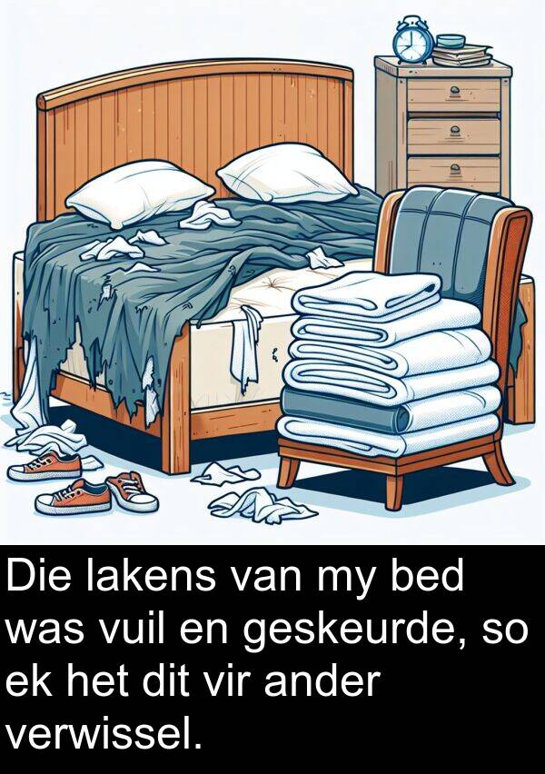 bed: Die lakens van my bed was vuil en geskeurde, so ek het dit vir ander verwissel.