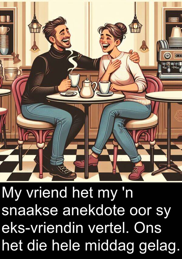 gelag: My vriend het my 'n snaakse anekdote oor sy eks-vriendin vertel. Ons het die hele middag gelag.