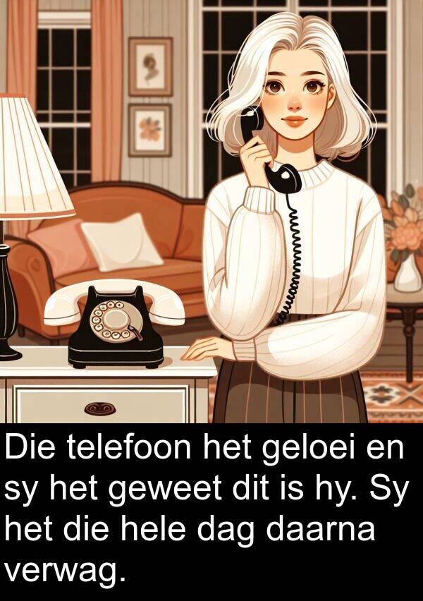 geloei: Die telefoon het geloei en sy het geweet dit is hy. Sy het die hele dag daarna verwag.