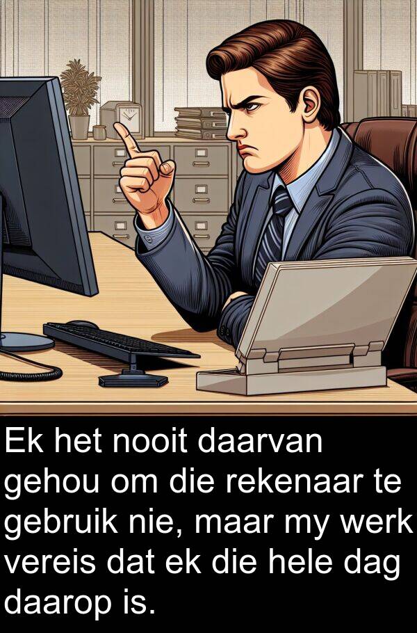 gehou: Ek het nooit daarvan gehou om die rekenaar te gebruik nie, maar my werk vereis dat ek die hele dag daarop is.