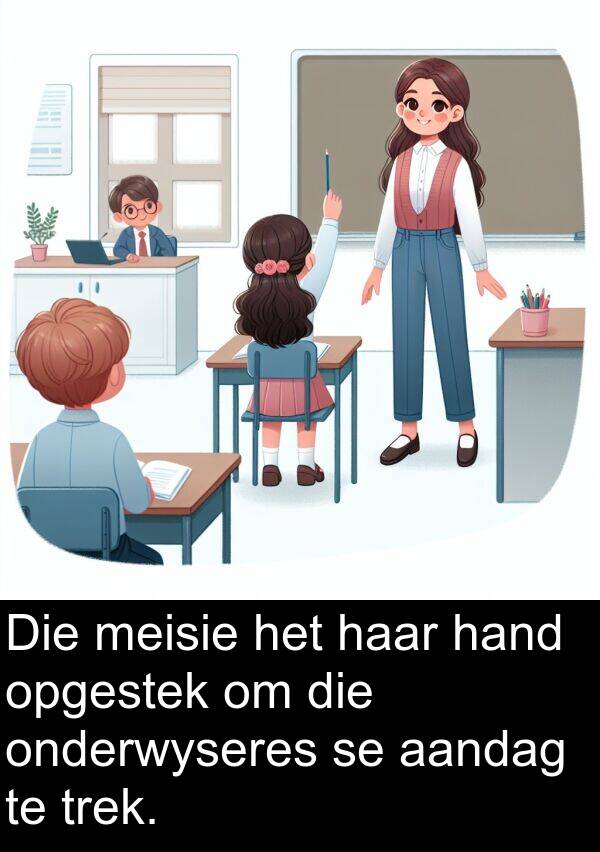 hand: Die meisie het haar hand opgestek om die onderwyseres se aandag te trek.