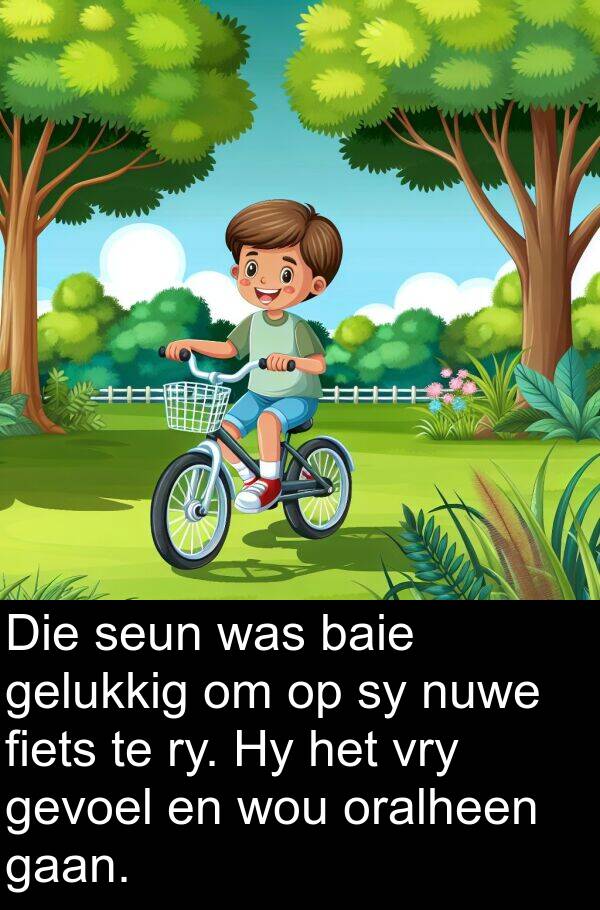 wou: Die seun was baie gelukkig om op sy nuwe fiets te ry. Hy het vry gevoel en wou oralheen gaan.