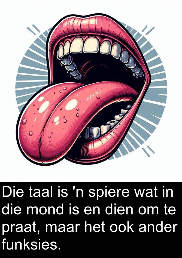 taal: Die taal is 'n spiere wat in die mond is en dien om te praat, maar het ook ander funksies.