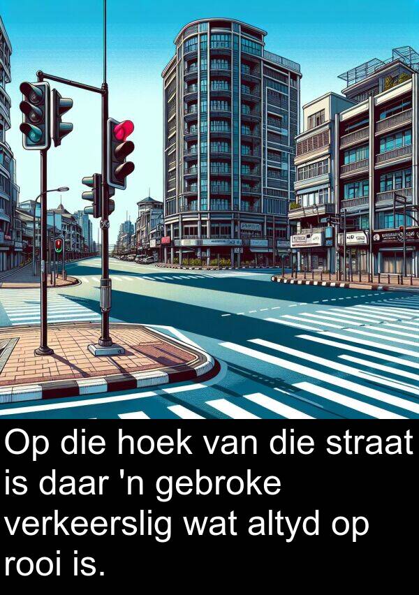 hoek: Op die hoek van die straat is daar 'n gebroke verkeerslig wat altyd op rooi is.