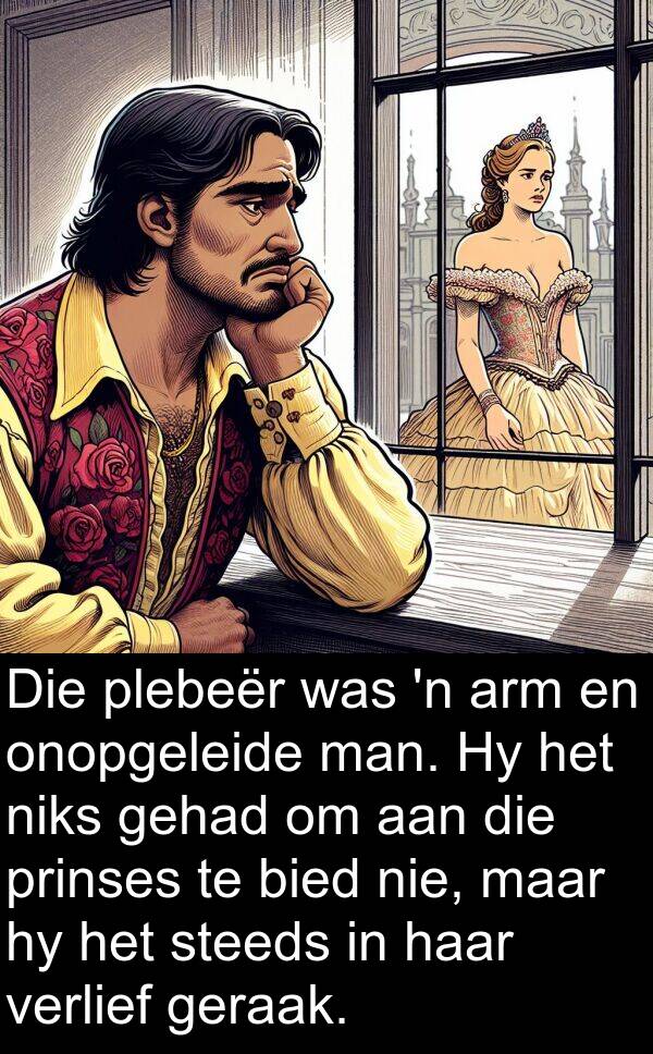 prinses: Die plebeër was 'n arm en onopgeleide man. Hy het niks gehad om aan die prinses te bied nie, maar hy het steeds in haar verlief geraak.