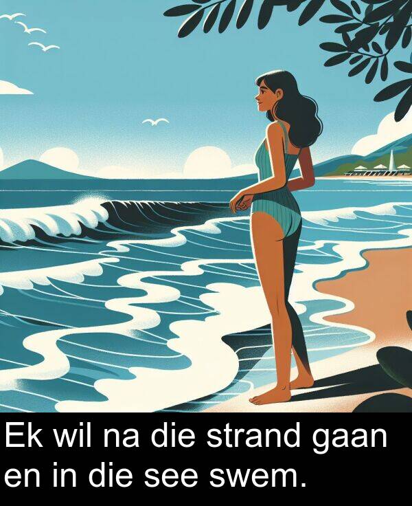 gaan: Ek wil na die strand gaan en in die see swem.