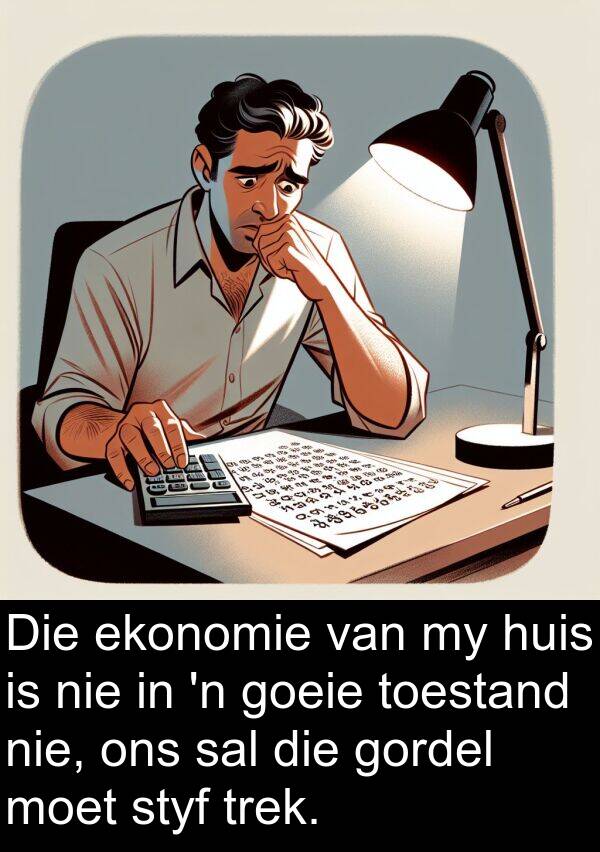 toestand: Die ekonomie van my huis is nie in 'n goeie toestand nie, ons sal die gordel moet styf trek.