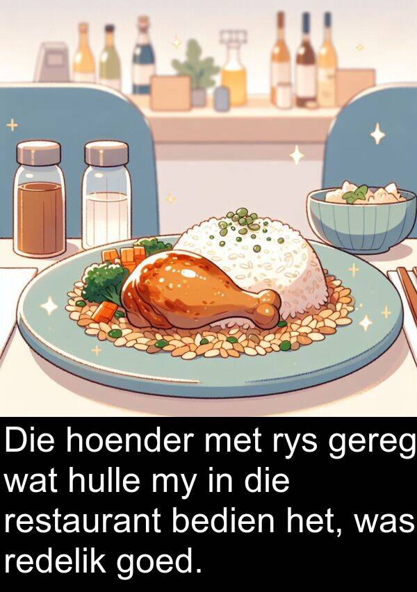 hoender: Die hoender met rys gereg wat hulle my in die restaurant bedien het, was redelik goed.