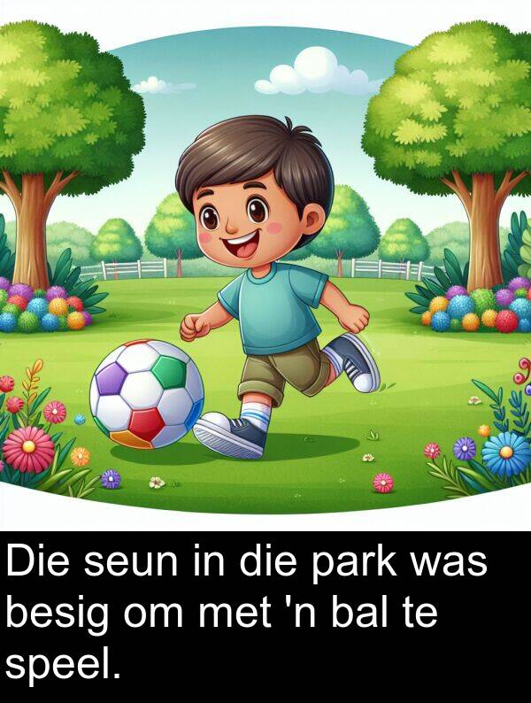 bal: Die seun in die park was besig om met 'n bal te speel.