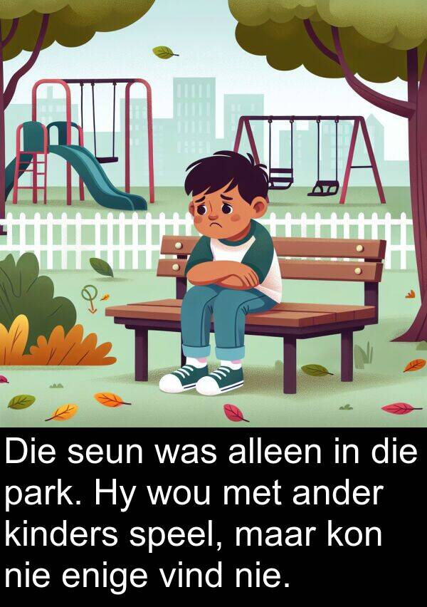 park: Die seun was alleen in die park. Hy wou met ander kinders speel, maar kon nie enige vind nie.