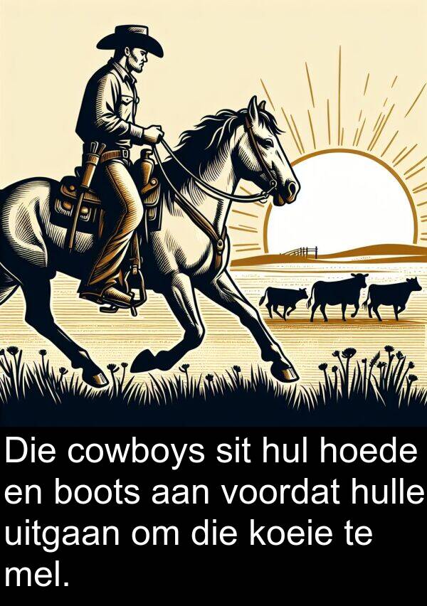 hoede: Die cowboys sit hul hoede en boots aan voordat hulle uitgaan om die koeie te mel.