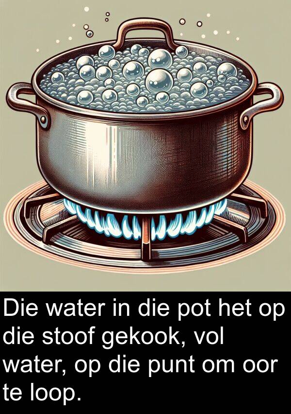 gekook: Die water in die pot het op die stoof gekook, vol water, op die punt om oor te loop.