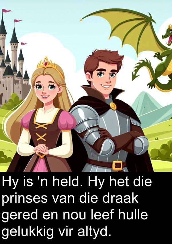 prinses: Hy is 'n held. Hy het die prinses van die draak gered en nou leef hulle gelukkig vir altyd.