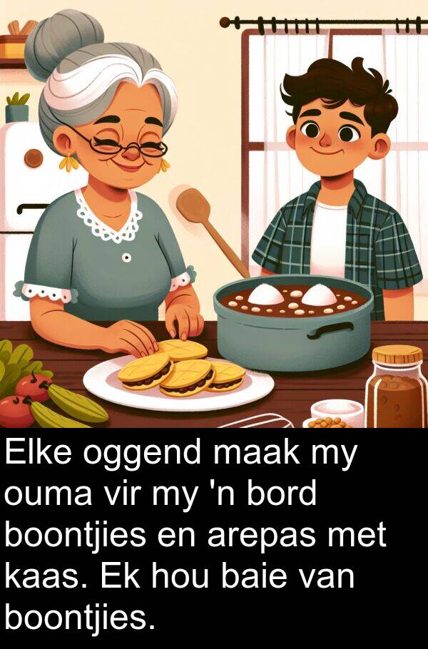 oggend: Elke oggend maak my ouma vir my 'n bord boontjies en arepas met kaas. Ek hou baie van boontjies.