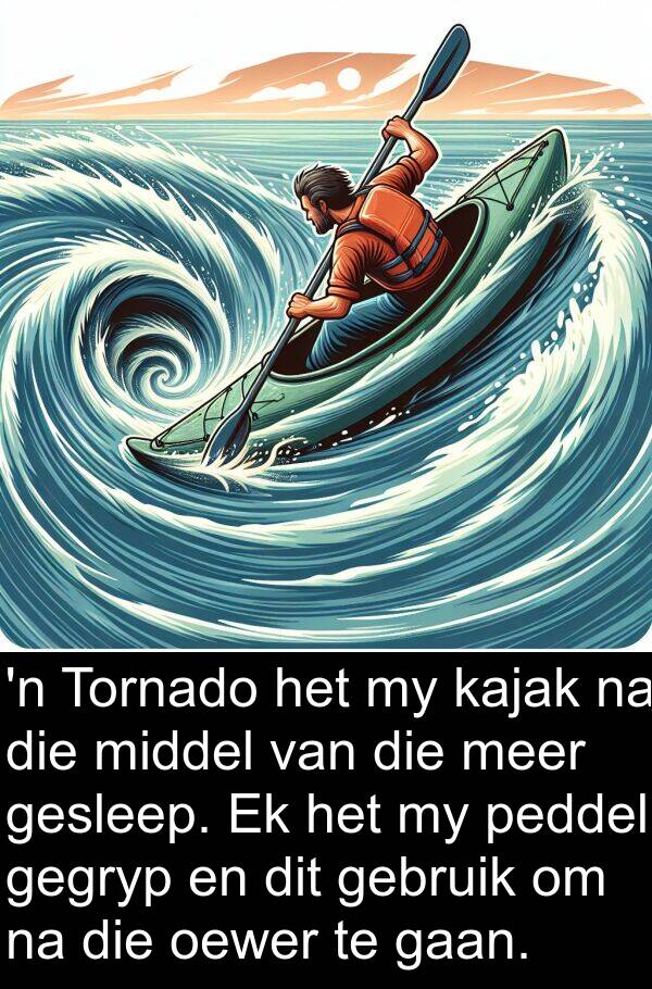 peddel: 'n Tornado het my kajak na die middel van die meer gesleep. Ek het my peddel gegryp en dit gebruik om na die oewer te gaan.