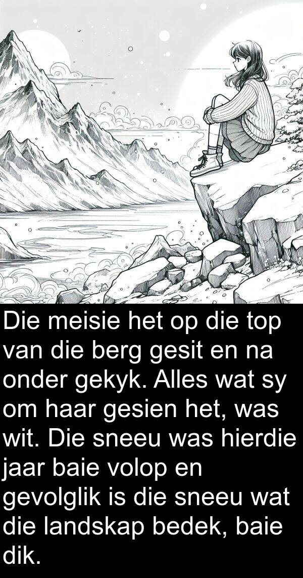 top: Die meisie het op die top van die berg gesit en na onder gekyk. Alles wat sy om haar gesien het, was wit. Die sneeu was hierdie jaar baie volop en gevolglik is die sneeu wat die landskap bedek, baie dik.