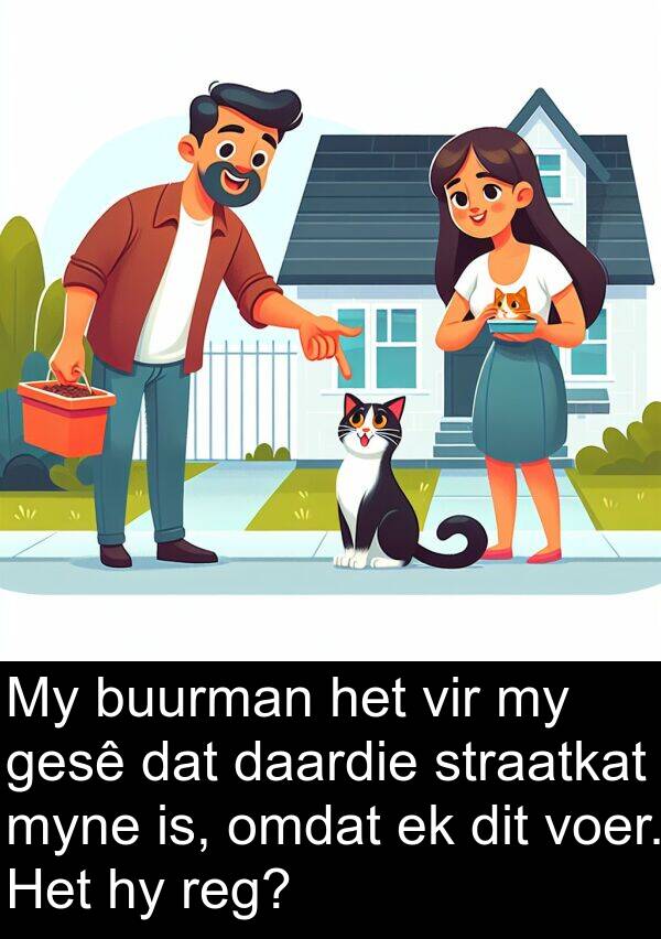 reg: My buurman het vir my gesê dat daardie straatkat myne is, omdat ek dit voer. Het hy reg?