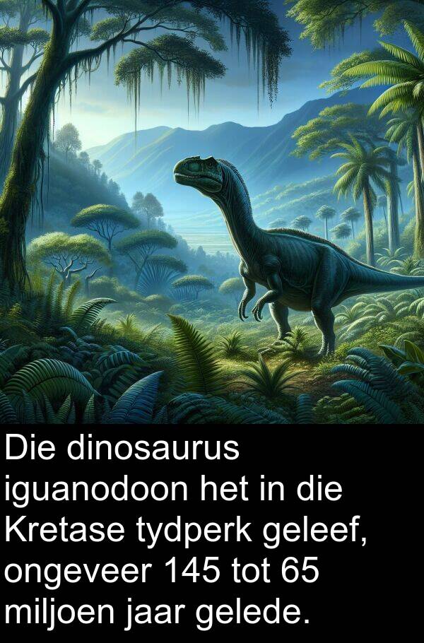 gelede: Die dinosaurus iguanodoon het in die Kretase tydperk geleef, ongeveer 145 tot 65 miljoen jaar gelede.