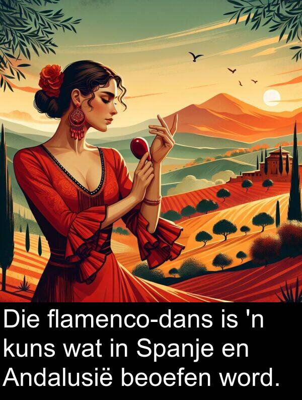 beoefen: Die flamenco-dans is 'n kuns wat in Spanje en Andalusië beoefen word.