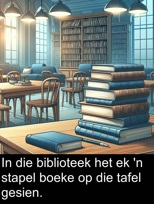 tafel: In die biblioteek het ek 'n stapel boeke op die tafel gesien.