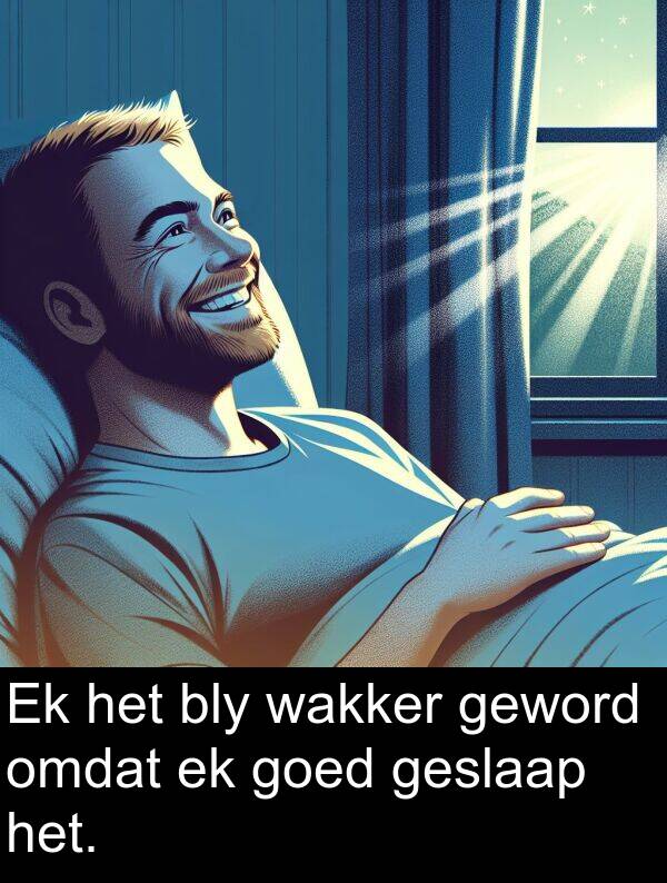 wakker: Ek het bly wakker geword omdat ek goed geslaap het.