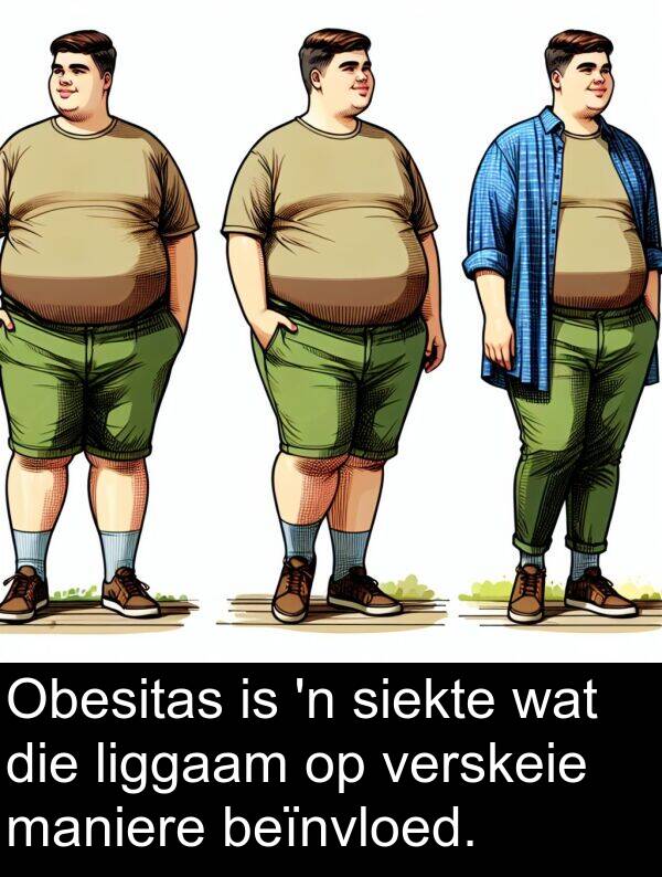 beïnvloed: Obesitas is 'n siekte wat die liggaam op verskeie maniere beïnvloed.