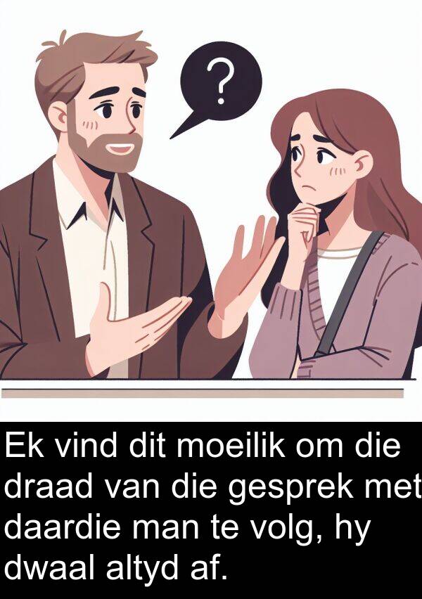 af: Ek vind dit moeilik om die draad van die gesprek met daardie man te volg, hy dwaal altyd af.