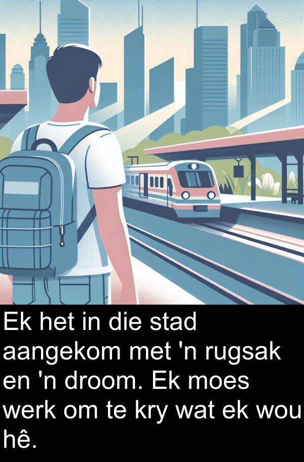 hê: Ek het in die stad aangekom met 'n rugsak en 'n droom. Ek moes werk om te kry wat ek wou hê.