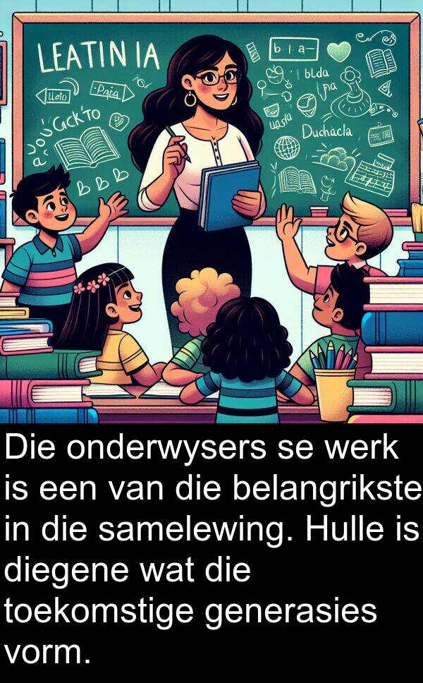 belangrikste: Die onderwysers se werk is een van die belangrikste in die samelewing. Hulle is diegene wat die toekomstige generasies vorm.