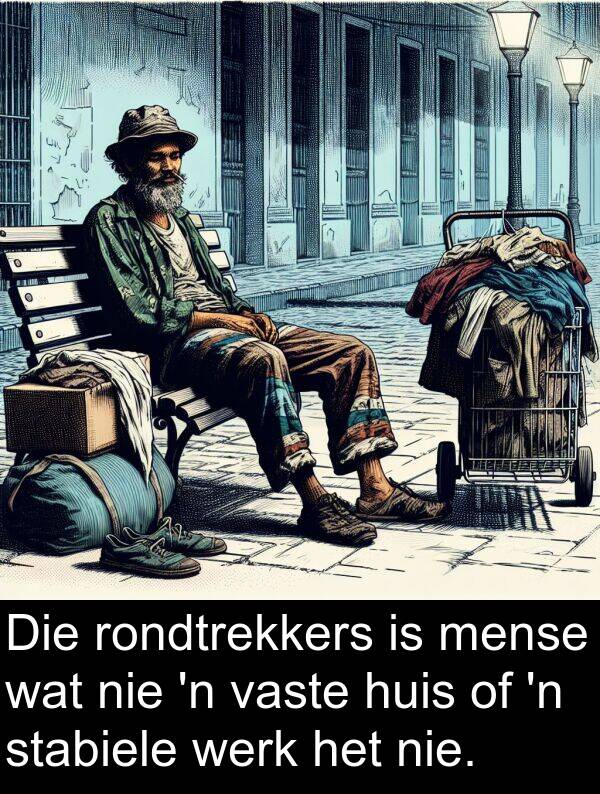 mense: Die rondtrekkers is mense wat nie 'n vaste huis of 'n stabiele werk het nie.