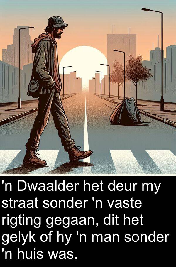 gegaan: 'n Dwaalder het deur my straat sonder 'n vaste rigting gegaan, dit het gelyk of hy 'n man sonder 'n huis was.