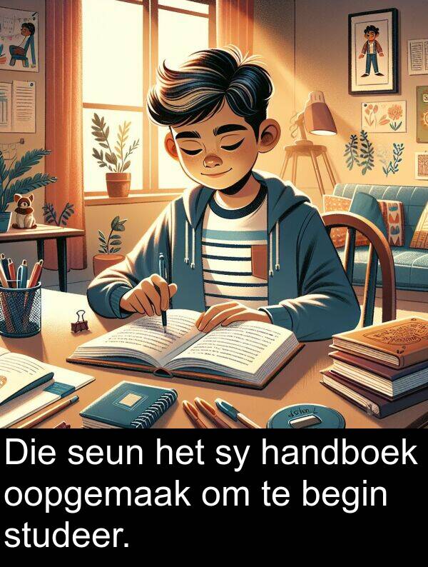 begin: Die seun het sy handboek oopgemaak om te begin studeer.