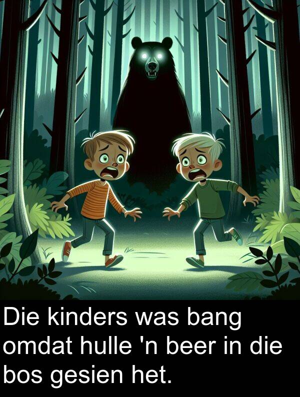 bang: Die kinders was bang omdat hulle 'n beer in die bos gesien het.