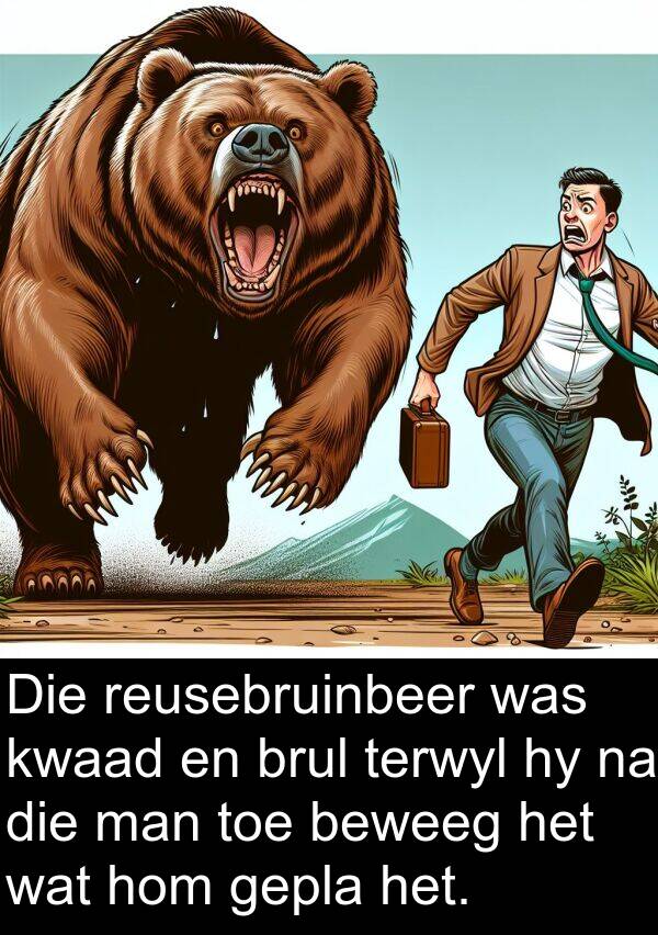 reusebruinbeer: Die reusebruinbeer was kwaad en brul terwyl hy na die man toe beweeg het wat hom gepla het.