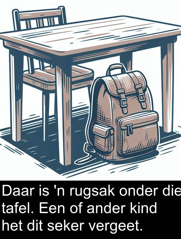 tafel: Daar is 'n rugsak onder die tafel. Een of ander kind het dit seker vergeet.