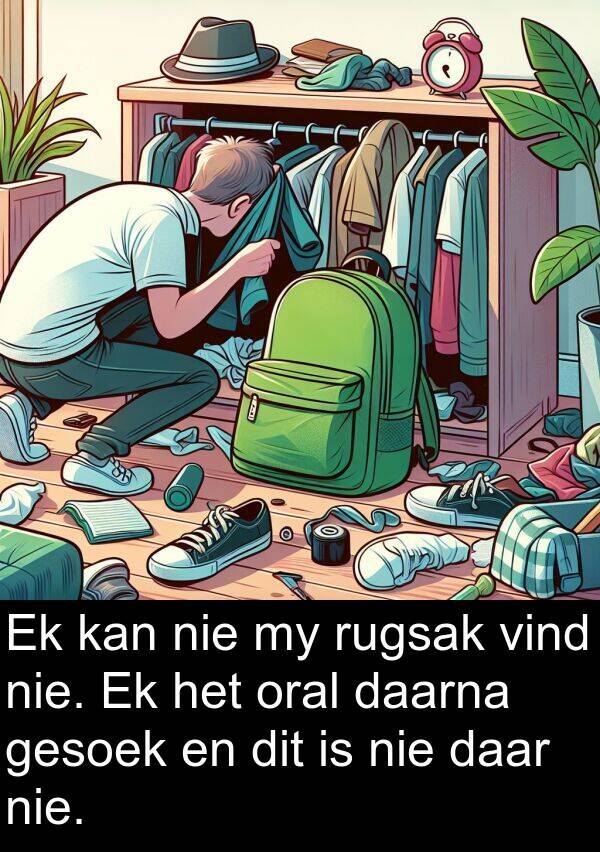 daarna: Ek kan nie my rugsak vind nie. Ek het oral daarna gesoek en dit is nie daar nie.