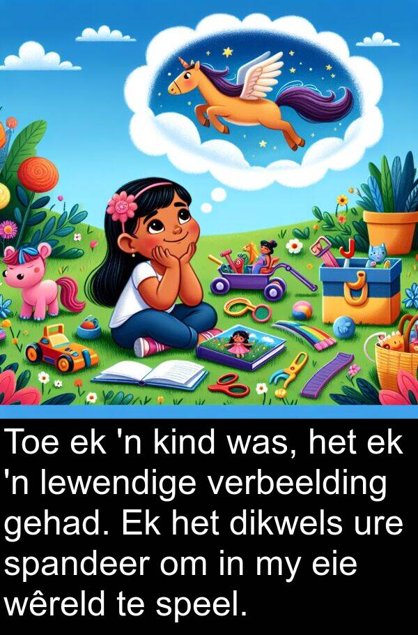 ure: Toe ek 'n kind was, het ek 'n lewendige verbeelding gehad. Ek het dikwels ure spandeer om in my eie wêreld te speel.