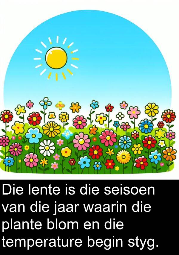 plante: Die lente is die seisoen van die jaar waarin die plante blom en die temperature begin styg.