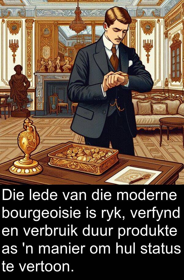 produkte: Die lede van die moderne bourgeoisie is ryk, verfynd en verbruik duur produkte as 'n manier om hul status te vertoon.