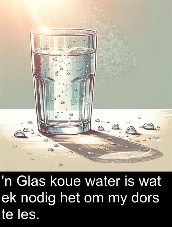 nodig: 'n Glas koue water is wat ek nodig het om my dors te les.