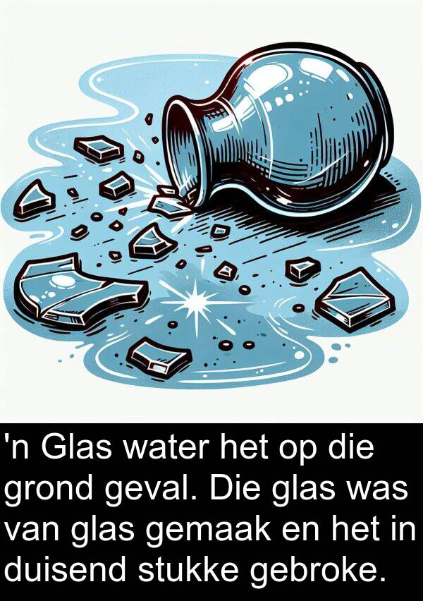 gebroke: 'n Glas water het op die grond geval. Die glas was van glas gemaak en het in duisend stukke gebroke.