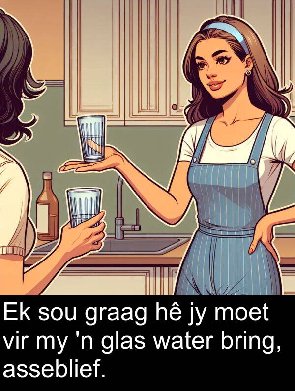 water: Ek sou graag hê jy moet vir my 'n glas water bring, asseblief.